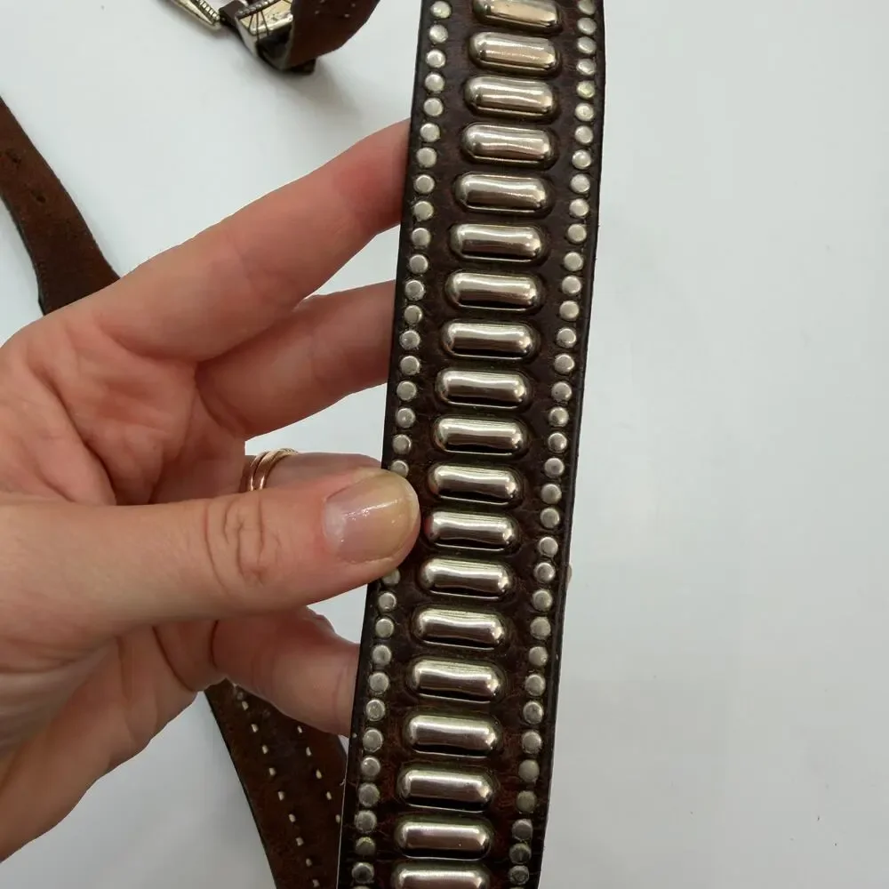 Vintage Silver Buckle Brown Leather Belt